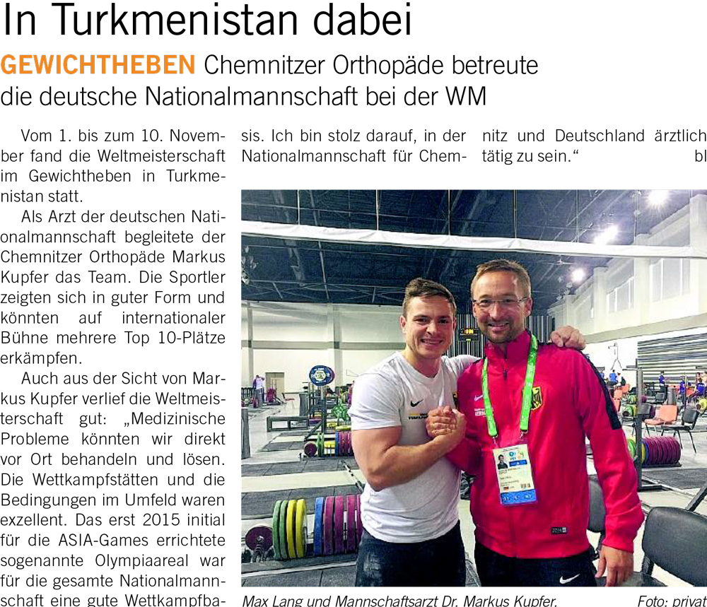 Dr. med. Markus Kupfer als Arzt der Deutschen Nationalmannschaft Gewichtheben zur WM in Turkmenistan